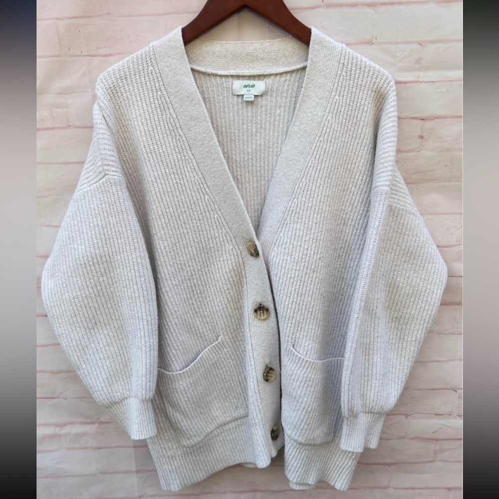 Aerie S oversized ivory grandpa cardigan chunky ribbed knit sweater